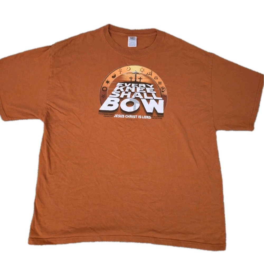 Vintage Every Knee Shall Bow Christian Jesus T-shirt Orange Size 2XL Religion